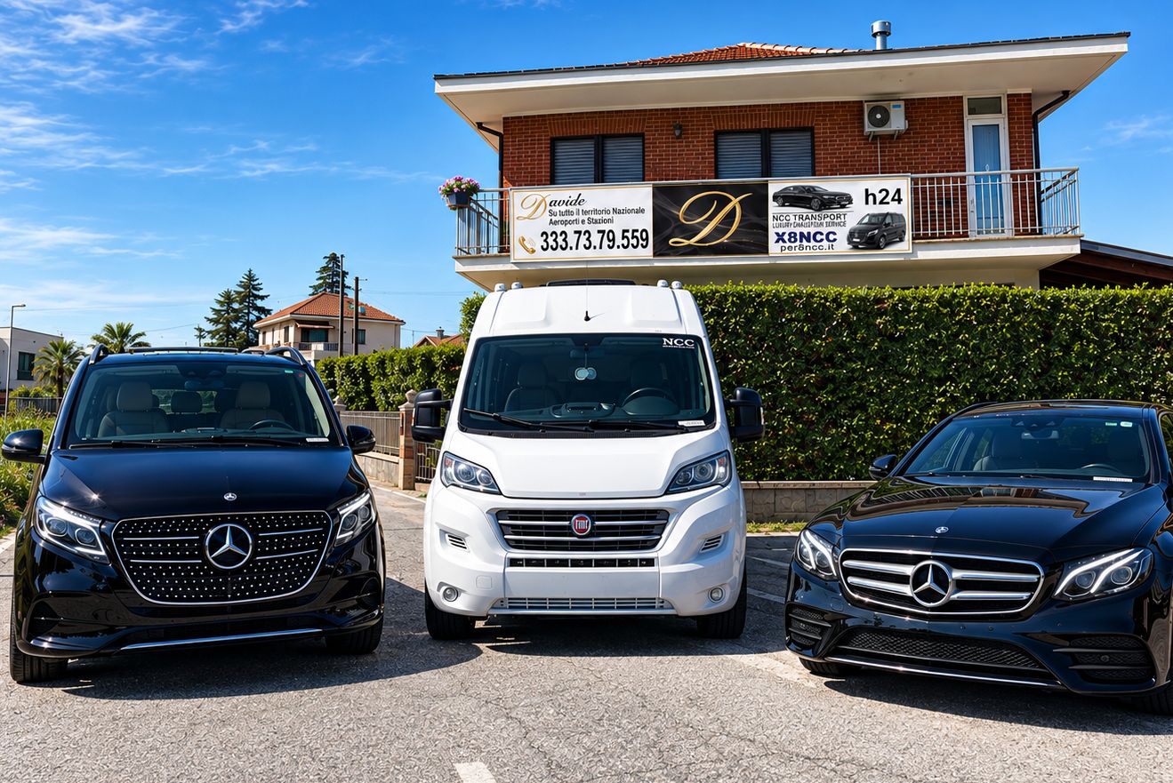 La flotta PER8 NCC: Mercedes Classe V, Fiat Ducato e Mercedes Classe E