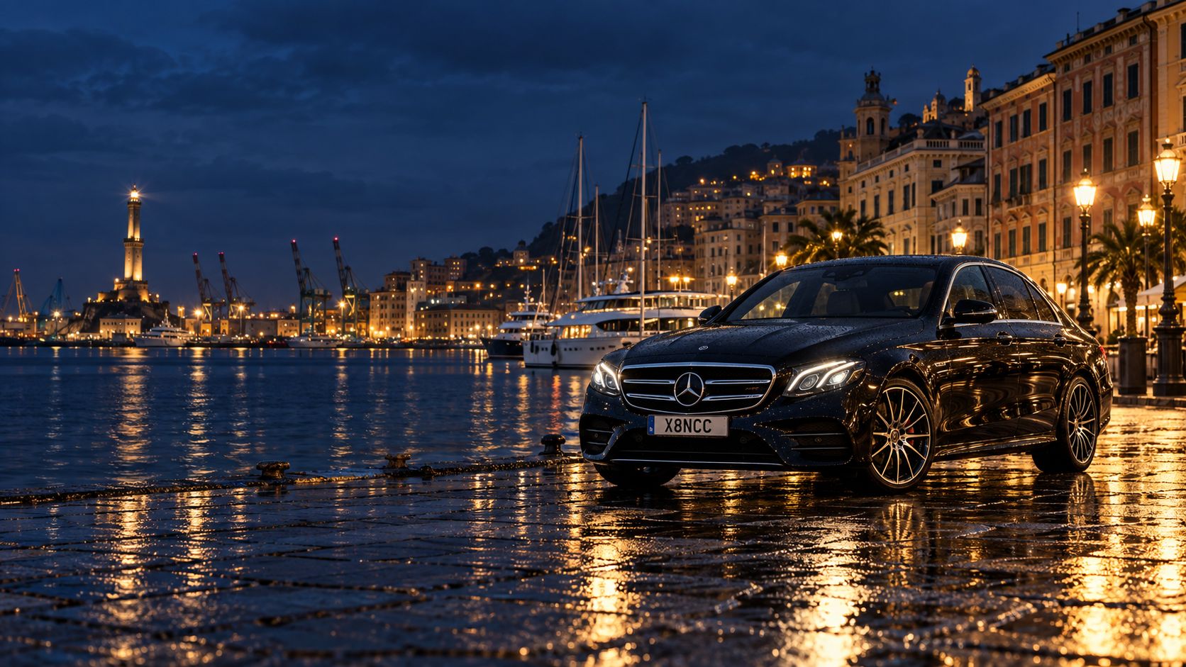 Mercedes Classe E nera sul lungomare del porto antico di Genova, di notte, con la Lanterna e gli yacht sullo sfondo