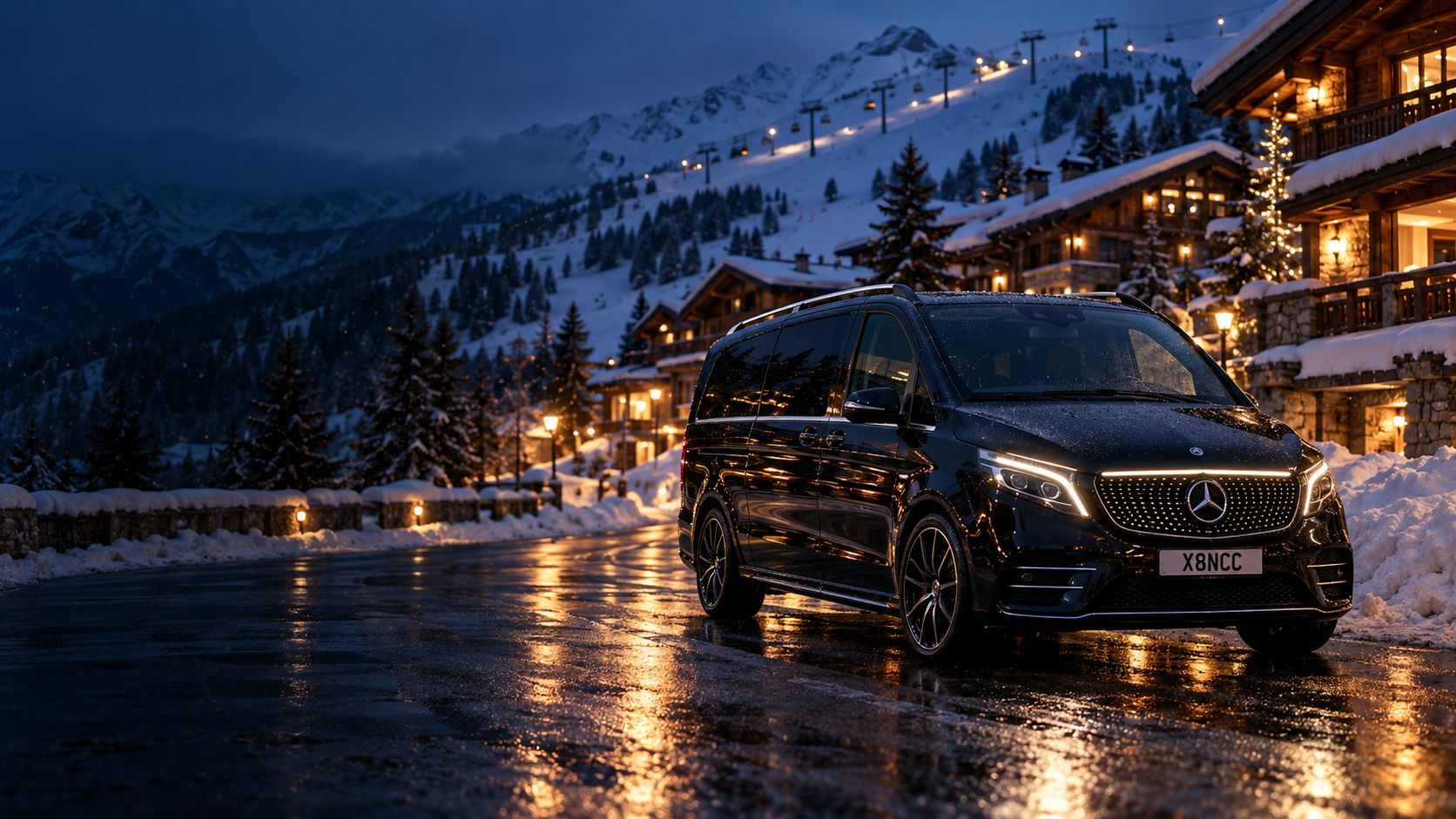 Mercedes Classe V nera in una località sciistica alpina, di sera con la neve, davanti ai chalet illuminati e alle piste con gli impianti di risalita